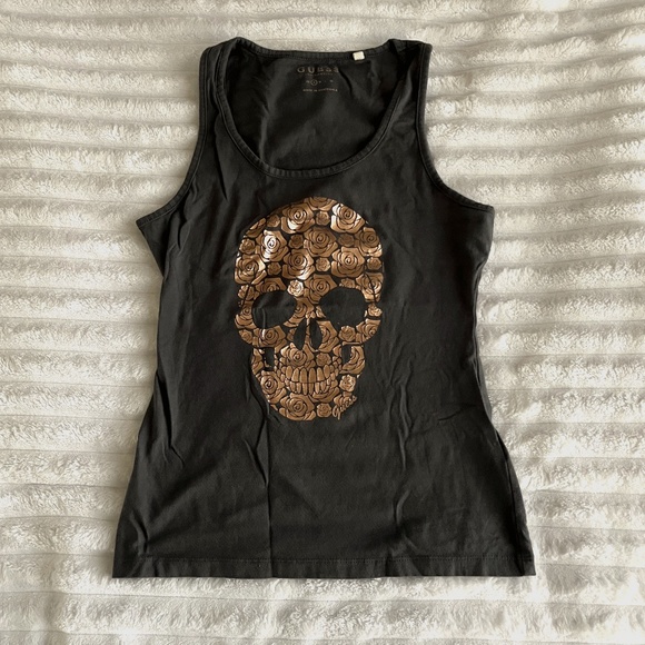 Guess Tops - GUESS Tank Top Gray with Rose Gold Foil Skull Graphics size S